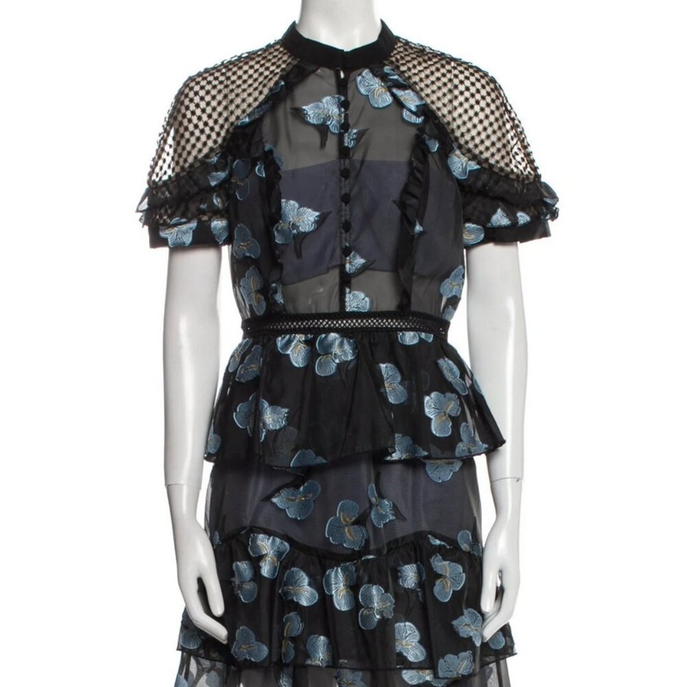 Self-Portrait Black & Blue Floral Embroidered Ruffle Dress – Sz 6 (US)